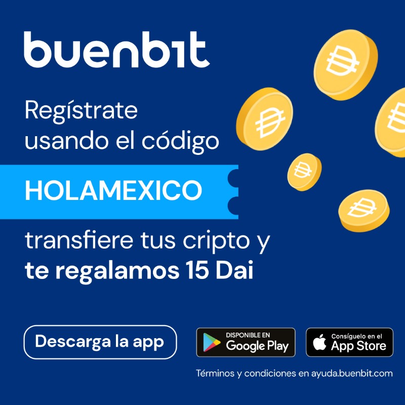 buenbit_mx's tweet photo. Registrate en #Buenbit con el código HOLAMEXICO 🔥, transfiere tus cripto y te regalamos 15 DAI. 🎁 ¡Descarga la App! 🚀

*La recompensa se acreditará dentro de los próximos 30 días después del registro.