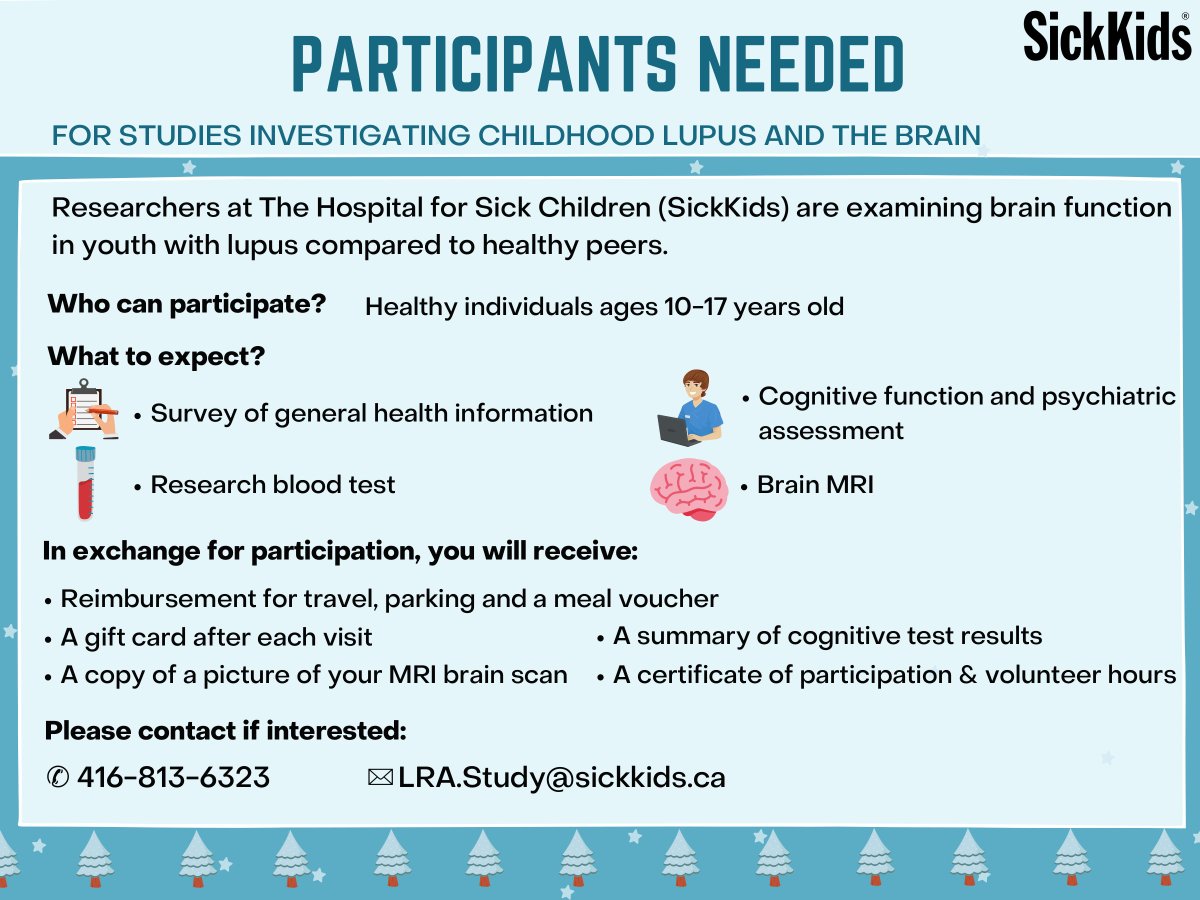Looking to volunteer this holiday season? We’re looking for healthy youth volunteers aged 10-17 to take part in a #SKResearch study on examining brain function in youth with #lupus compared to healthy peers. Interested? Email: LRA.Study@sickkids.ca