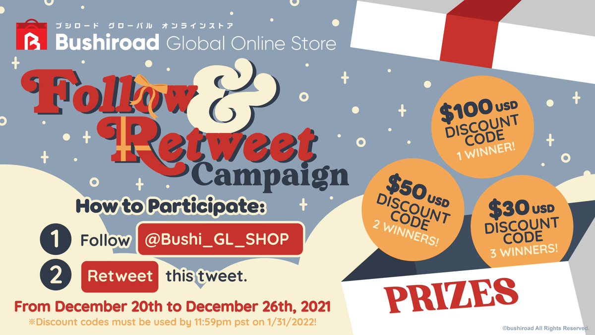 Bushi_GL_SHOP's tweet photo. ❄️ Follow &amp; Retweet Campaign ❄️

Participate for your chance to Win a Discount Code for the Bushiroad Global Online Store! Simply Follow @Bushi_GL_SHOP and Retweet this post! 🎉🎉🎉

Will you be one of the 6 lucky Winners?! 🎁

🛍️: https://t.co/F5I1pq9YGL https://t.co/lWGNhvMCgx