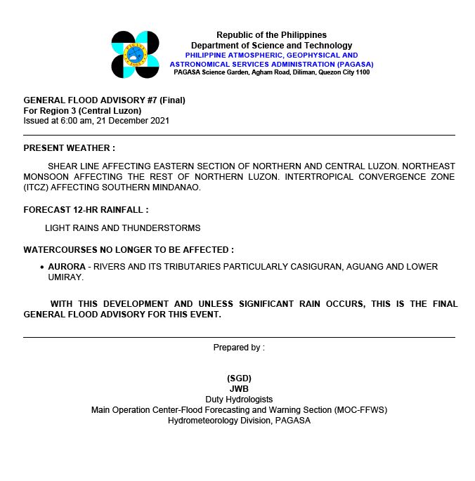 dost_pagasa's tweet photo. General Flood Advisories (GFAs)
Issued @ 6AM, 21 December 2021
Region 2 (Cagayan Valley) - #GFA8
Region 3 (Central Luzon) - #GFA7 Final
Region 11 (Davao Region) - #GFA1 https://t.co/FuENJhO5TZ