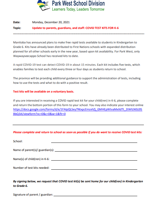 Update for Parents and Guardians: COVID Test Kits for K-6
tinyurl.com/PWSDUpdateDec20