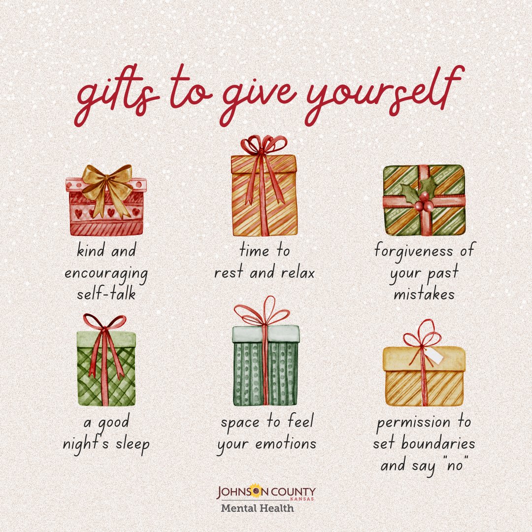 JOCOMNH's tweet photo. Gifts to give yourself:
🎁 Kind and encouraging self-talk
🎁 Time to rest and relax
🎁 Forgiveness of your past mistakes
🎁 A good night's sleep
🎁 Space to feel your emotions
🎁 Permission to set boundaries and say "no"

#KSStrongerTogether https://t.co/VyQu7u89Kb