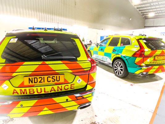 Darenhutch's tweet photo. Too good an opportunity to pass by, these superb looking Volvo XC 60’s in @OHVTech’s inspection and dispatch area today. @NEAmbulance #Ambulance #venari https://t.co/fAHUBHPuJ3