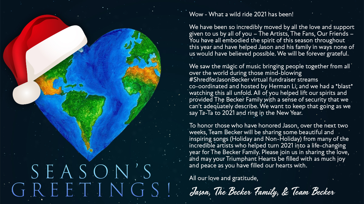 jasonelibecker's tweet photo. What a wild ride 2021 has been! We've been incredibly moved by all the❤️and support you've given us. You've embodied the spirit of this season throughout this year &amp; have helped Jason &amp; his family in ways none of us would have believed possible. We will be forever grateful.
-1- https://t.co/8nI3aUqFni