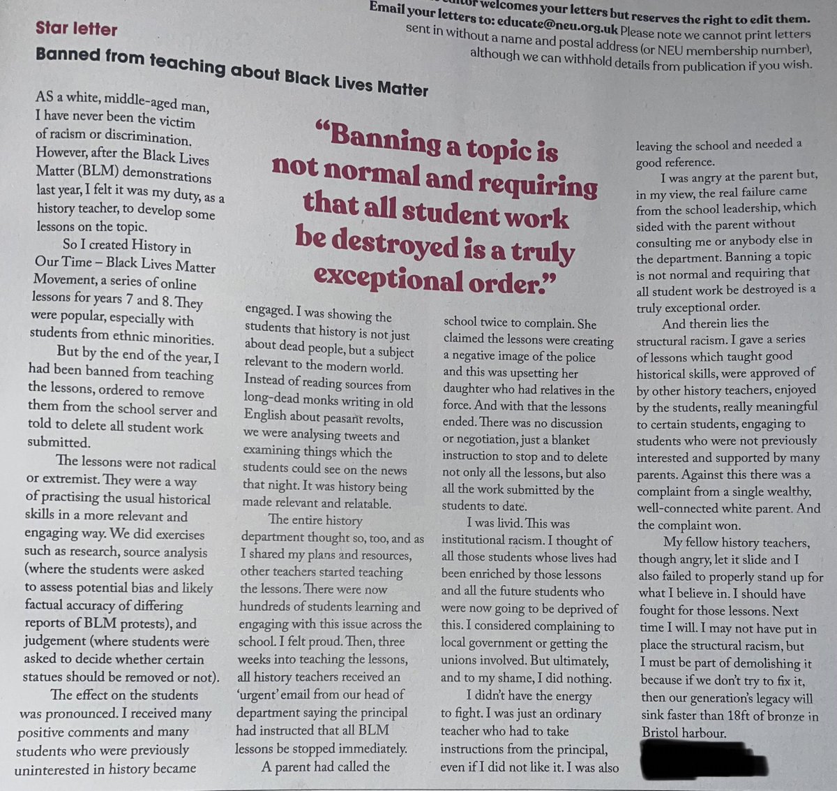 So sad to read this in <a href="/NEUnion/">National Education Union</a> magazine.A white teacher actively trying to teach about issues around #race in history &amp; being silenced.
Then worrying about the consequences of fighting for his beliefs😟 #institutionalracism #structuralracism #allyship #equality #discrimination