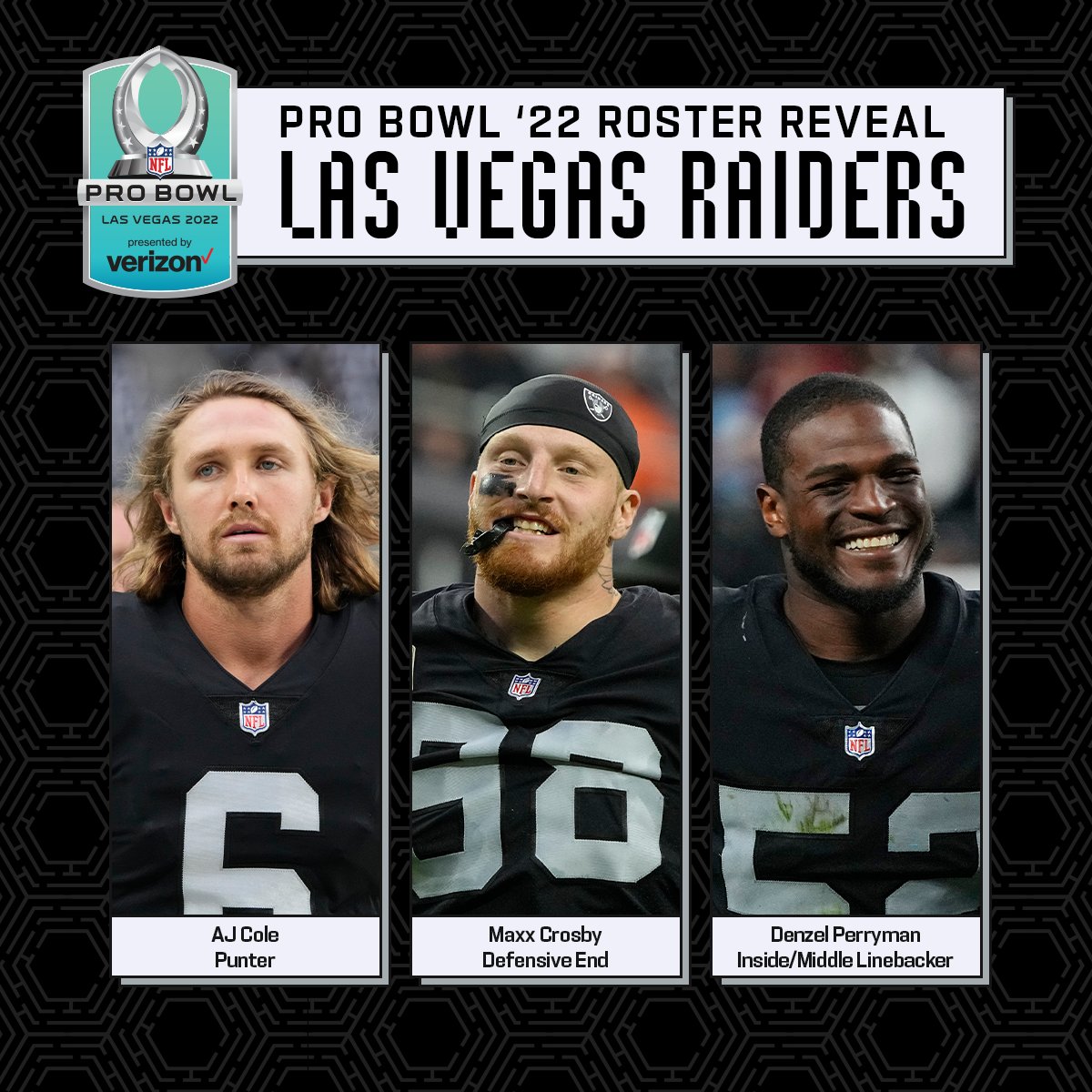 NFL on X: 'The @Raiders' 2022 Pro Bowlers! #RaiderNation Tune in to the  full 2022 #ProBowl Roster Reveal, Wednesday 8pm ET on @NFLNetwork   / X