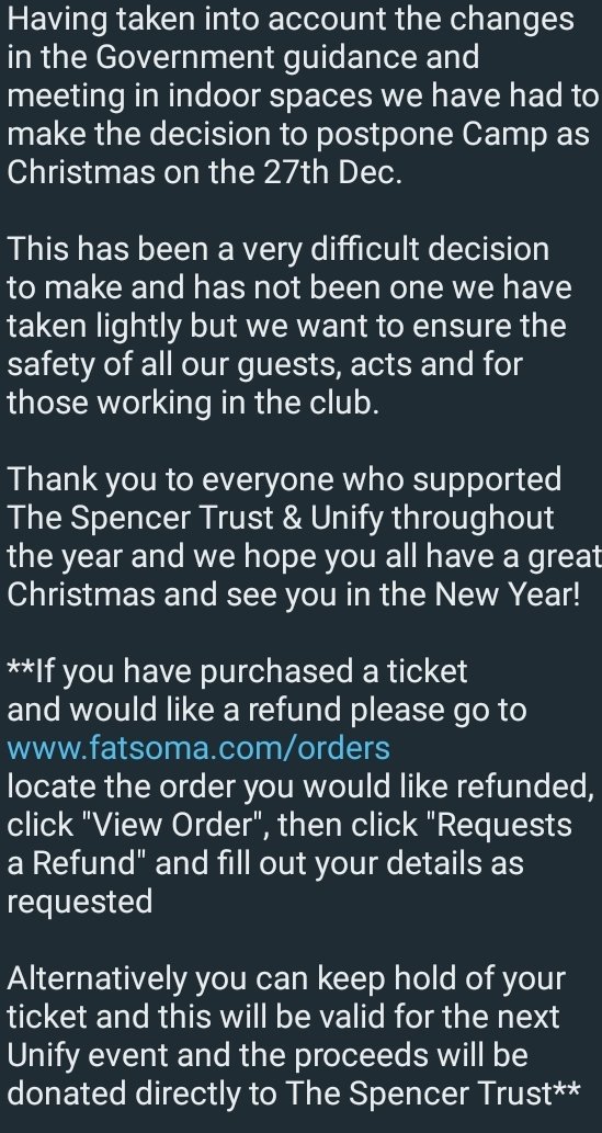 Having taken into account the changes in the Government guidance and meeting in indoor spaces we have had to make the decision to postpone Camp as Christmas on the 27th Dec.

**If you have purchased a ticket and would like a refund please go to fatsoma.com/orders