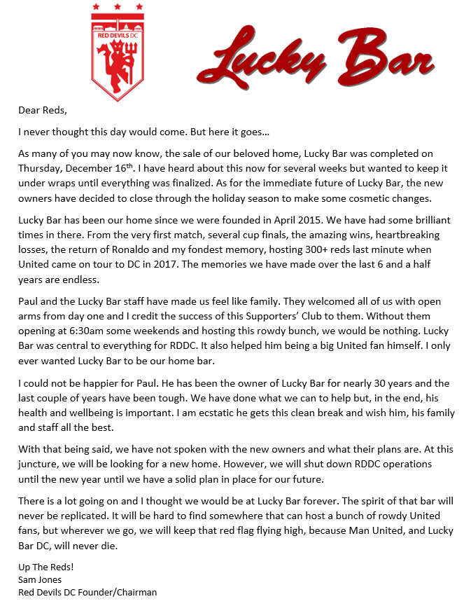 Thank you Paul and <a href="/luckybardc/">Lucky Bar</a>. You have created memories for thousands of us that have come through the doors over the last several years. We will miss you. Nothing beats breakfast beers at Lucky! Have a great holiday season reds and stay safe. UTFR! #MUFC #RedDevilsDC #DC #DMV