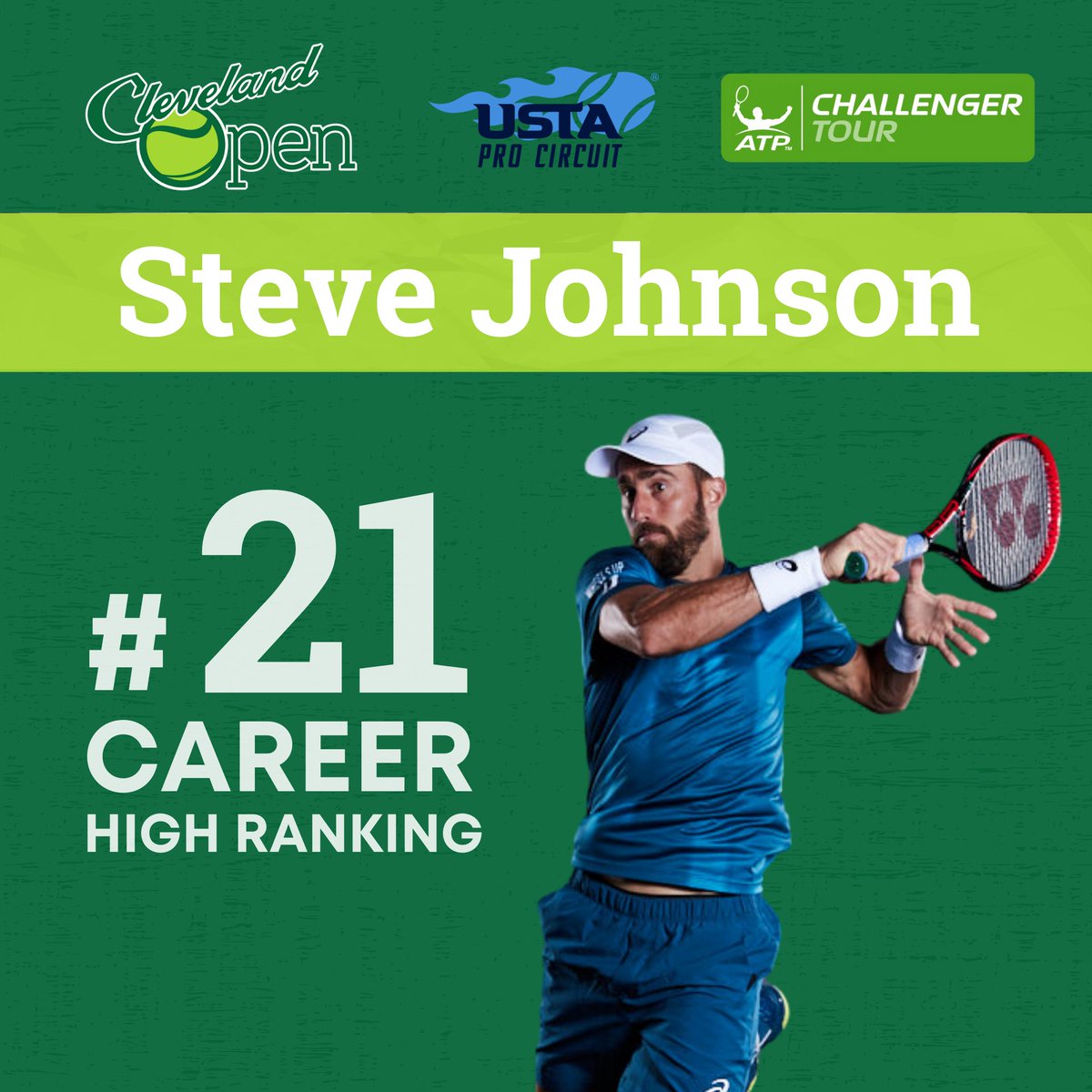 CLEChallenger's tweet photo. Former American #1 Steve Johnson will be at the Cleveland Open this year! Johnson’s career high ranking was world #21, and he brought home the doubles bronze medal at the 2016 Rio Olympics. Stay tuned for more player announcements this week! 🎾 #atp #tennis #clechallenger https://t.co/Z4ix1bvMgI