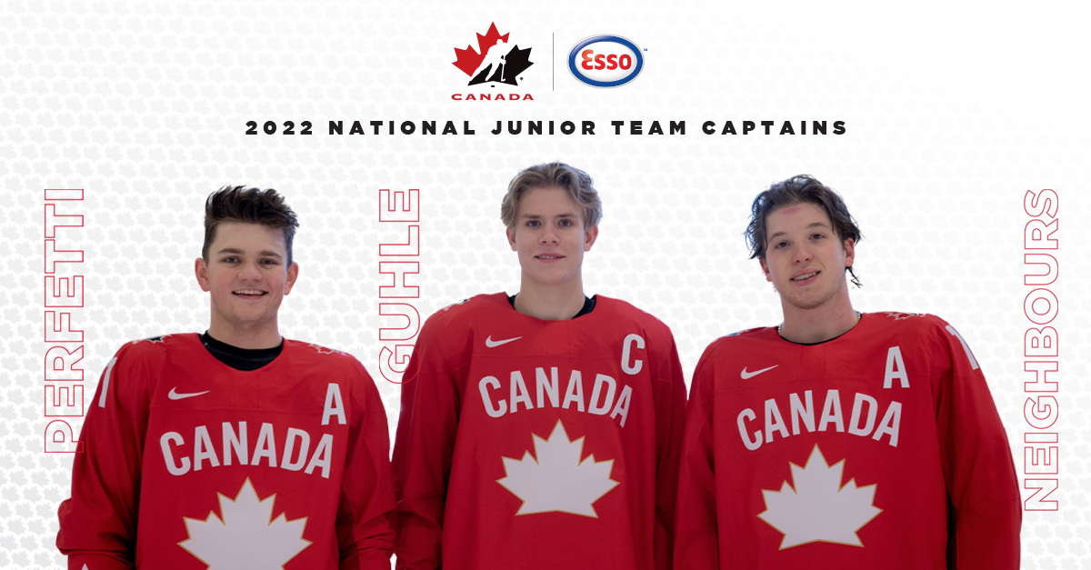 HockeyCanada's tweet photo. Meet the captains! 🇨🇦

C: Kaiden Guhle (@EdmOilKings)
A: Jake Neighbours (@EdmOilKings)
A: Cole Perfetti (@ManitobaMoose)

#WorldJuniors | @ImperialOil https://t.co/9r9k8xlw5E