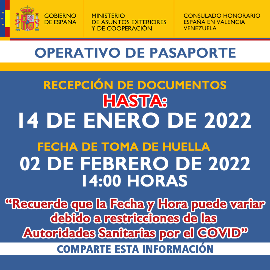 ConsuladoEsp's tweet photo. RECUERDA: Operativo para tramitar renovación y pasaporte #Español por primera vez, el 2 de #Febrero a las 14hr en el C.H. España en #Valencia (sede Hermandad Gallega de Valencia), Recepción de Documentos hasta el 14 de enero de 2022. #españoles #carabobo #cojedes . Comparte. https://t.co/wgl1Spy7gl