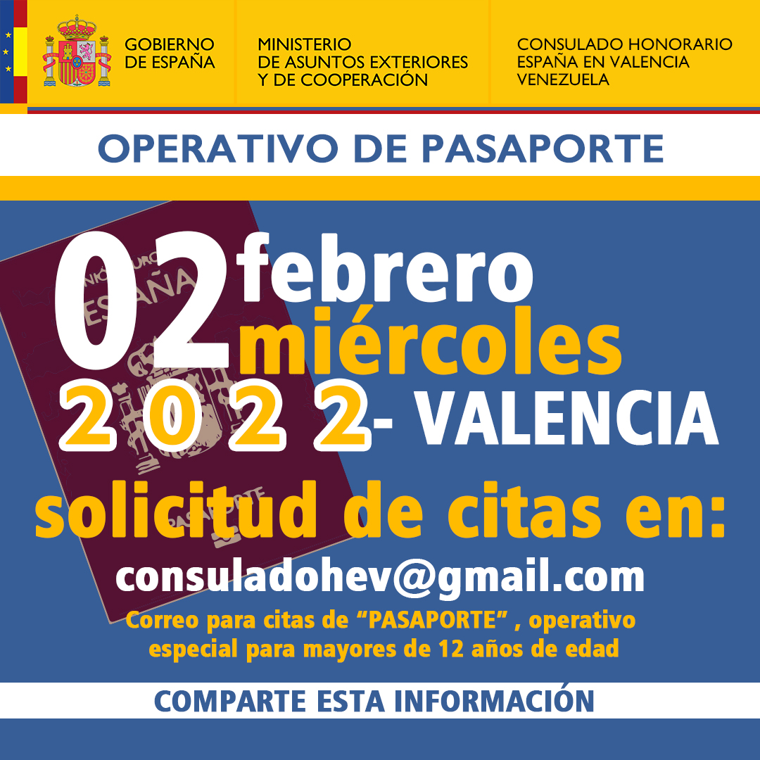 ConsuladoEsp's tweet photo. RECUERDA: Operativo para tramitar renovación y pasaporte #Español por primera vez, el 2 de #Febrero a las 14hr en el C.H. España en #Valencia (sede Hermandad Gallega de Valencia), Recepción de Documentos hasta el 14 de enero de 2022. #españoles #carabobo #cojedes . Comparte. https://t.co/wgl1Spy7gl