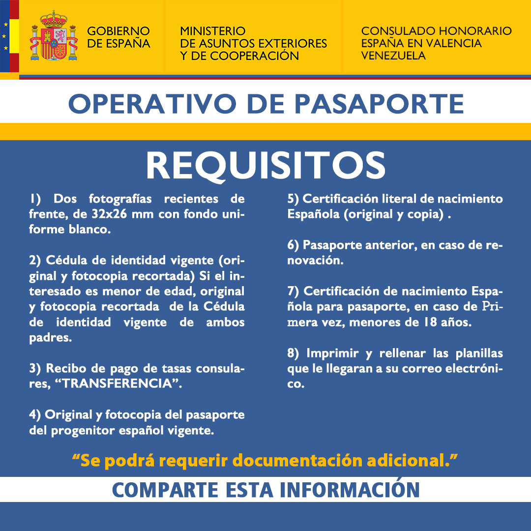 ConsuladoEsp's tweet photo. RECUERDA: Operativo para tramitar renovación y pasaporte #Español por primera vez, el 2 de #Febrero a las 14hr en el C.H. España en #Valencia (sede Hermandad Gallega de Valencia), Recepción de Documentos hasta el 14 de enero de 2022. #españoles #carabobo #cojedes . Comparte. https://t.co/wgl1Spy7gl