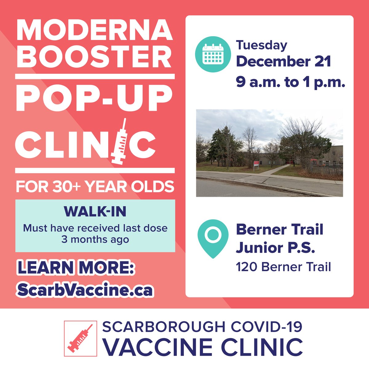 SHNcares's tweet photo. ❗WALK-IN MODERNA 💉 BOOSTER (3RD DOSE) POP-UP FOR THOSE 30+ YEARS OF AGE❗

✅Must have received 2nd dose 3 months ago

🗓️Tues, December 21,  9AM-1PM
📍Berner Trail Junior PS (120 Berner Tr)

To book an appT at our community vaccine clinics, visit https://t.co/p83qb3gZdh https://t.co/hDq5iaufns