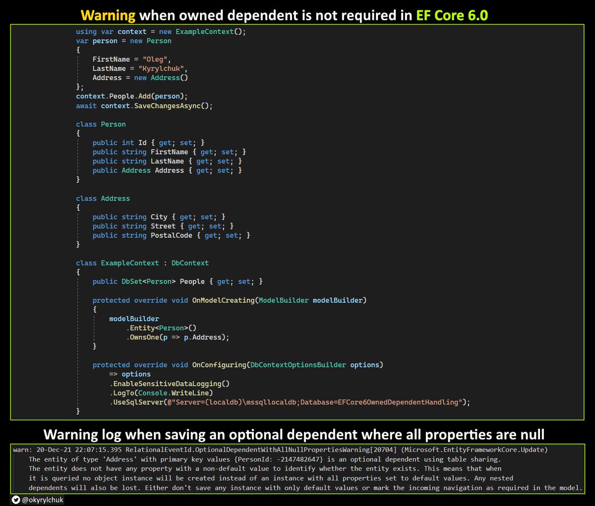 okyrylchuk's tweet photo. EF Core 6.0 introduces some changes for owned optional dependent handling.
When a model has owned optional dependent, EF Core will warn you when you save it with all missing properties.
#dotnet6 #efcore6 #coding #devcommunity https://t.co/ogsGsjKVg5