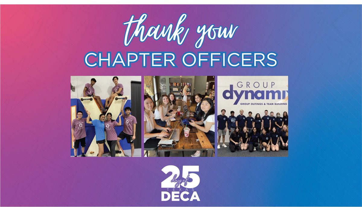 TexasDECA's tweet photo. On the twentieth day of 25 days of DECA, we thank all of our phenomenal chapter officers! Post a picture of your officer team thanking them for all they’ve done this year and tag us! 
  
#leadership #chapterofficers #chapterleaders #deca #texasdeca #cte #ctso https://t.co/Aq9NdMvHMM
