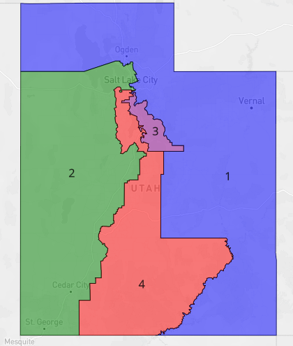 lad_map's tweet image. Below is a Republican gerrymander of Utah. Each incumbent gets at least 75% of their old district in the borders. All districts voted for Trump in 2020 more than 20 points by splitting up the Salt Lake City area. #ElectionTwitter
