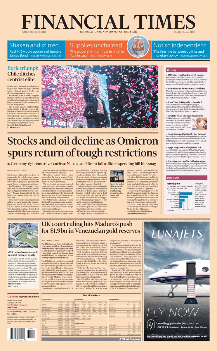 Just published: front page of the Financial Times, international ...