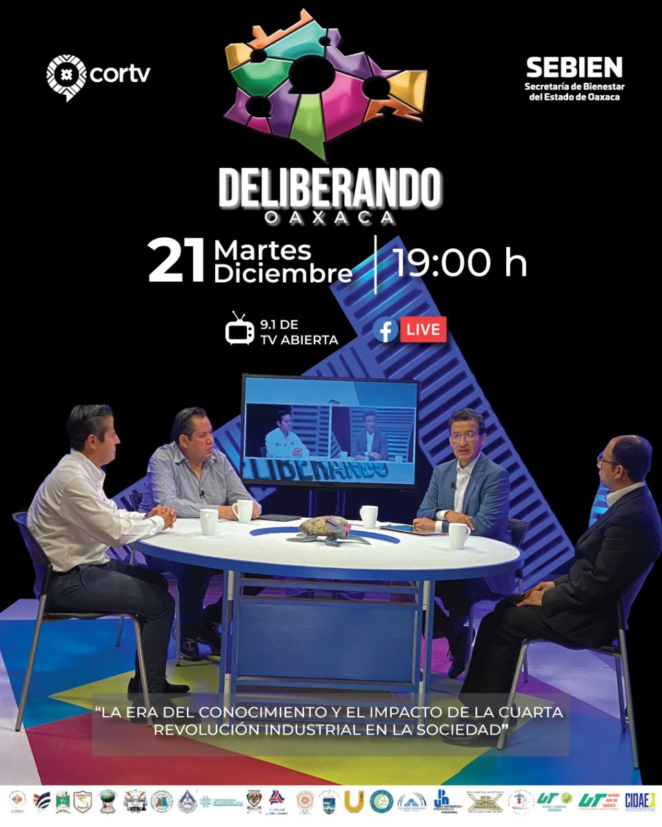 DeliberandoO's tweet photo. #Entérate | 📽️Con la participación de representantes de la @AnahuacOaxaca, del @ITO_OAX y del @GobOax, no te pierdas el Programa #Deliberando, con el tema: “Tecnologías y redes sociales".
 
🗓21 Diciembre
⏰19:00 hrs por @cortv
 📲🖥️FacebookLive https://t.co/ZEErcBvzJ3