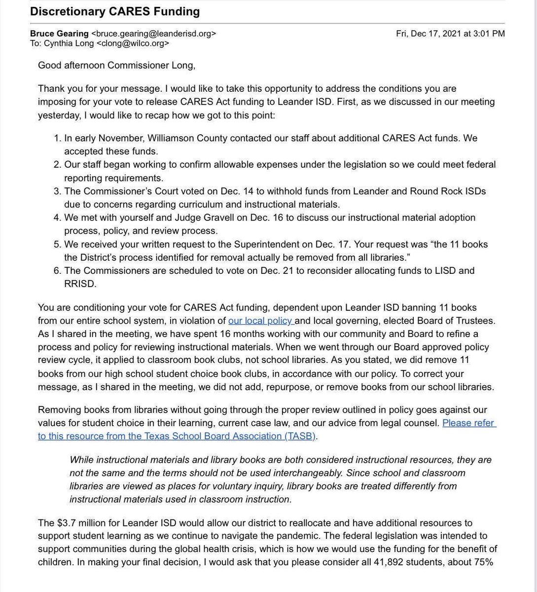 LISDFuss's tweet photo. Superintendent of @LeanderISD responds to Cynthia Long @CLongTX's demands to "extra ban" banned books for COVID cash. He appeals to things like the law &amp; procedures that govern curriculum in #1LISD. @MikeMarutKVUE @StevenonFox7 @HillCountryNws @KVUE @KXAN_News @CNN @wilcogov https://t.co/SReZjRbAGn