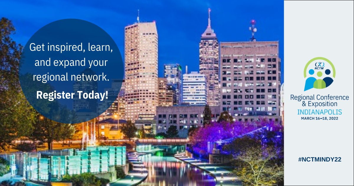 The early bird rates for the 2022 Regional Conference in Indianapolis expire in ONE MONTH! Save more when you register before January 19: nctm.link/x4NcY

#NCTMINDY22 #NCTMRegional #NCTM #math #maths #mathconference #education