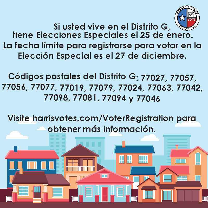 HarrisVotes's tweet image. Voting for an open Houston City Council position is just around the corner!
✍️ Registration Deadline: Dec. 27
☑️ Early Voting: January 10-16 &amp;amp; 18-21
✅ Election Day: January 25
#YourVoiceYourVote #HarrisVotes
