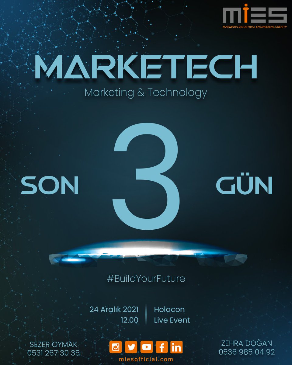 MarkeTech için son 3 gün!

#buildyourfuture

Hemen başvurmak için link bio'da!

📆 24 Aralık Cuma
⏱️ 12.00
📍 Holacon Live Event

Etkinliğimiz ücretsizdir ve etkinlik sonunda katılım belgesi verilecektir.