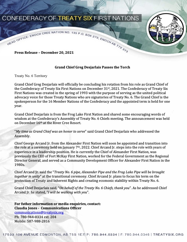 #PressRelease CONFEDERACY OF TREATY SIX FIRST NATIONS ANNOUNCES NEW GRAND CHIEF FOR 2022. <a href="/YourAlberta/">Alberta Government</a> #alberta #yeg #treaty6