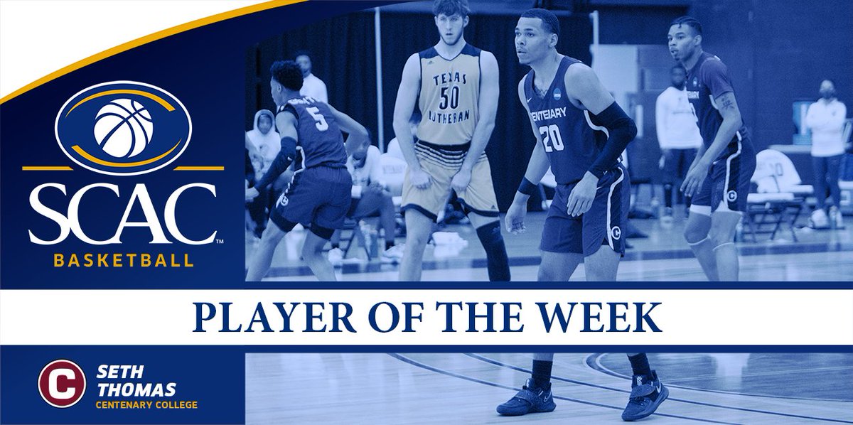 SCAC_Sports's tweet photo. .@GoCentenary's Seth Thomas named #SCACMBB Player of the Week for Week 7!🏀

📰| https://t.co/EHRTdd3VNb
#SCACPride | #d3hoops https://t.co/gsVOhU7goO