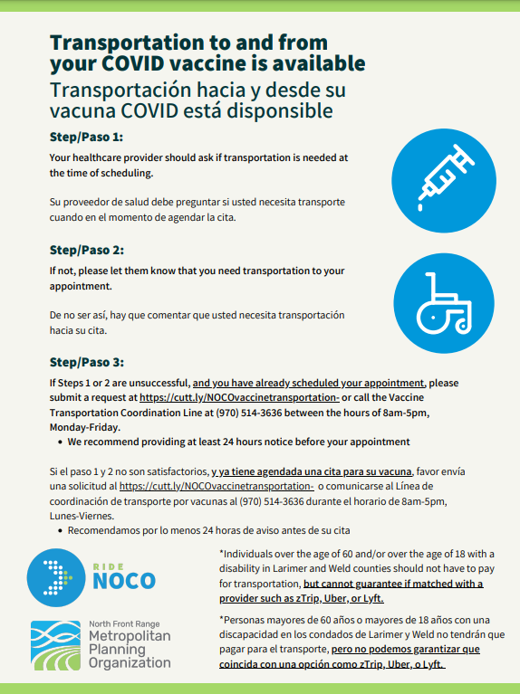 LarimerRecovers's tweet photo. For those who need transportation to and from your COVID-19 vaccine please see for more information:

Para aquellos que necesiten transportación hacia y desde su cita para la vacuna COVID-19 vea esta información: https://t.co/VV4QusT5K2