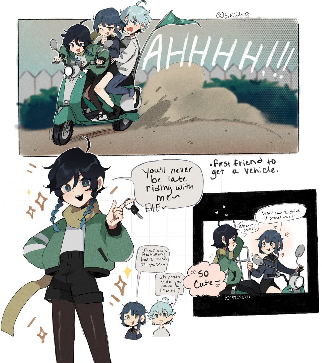Highschool! au. Venti gets a vespa! #venti #Xingqiu #Chongyun