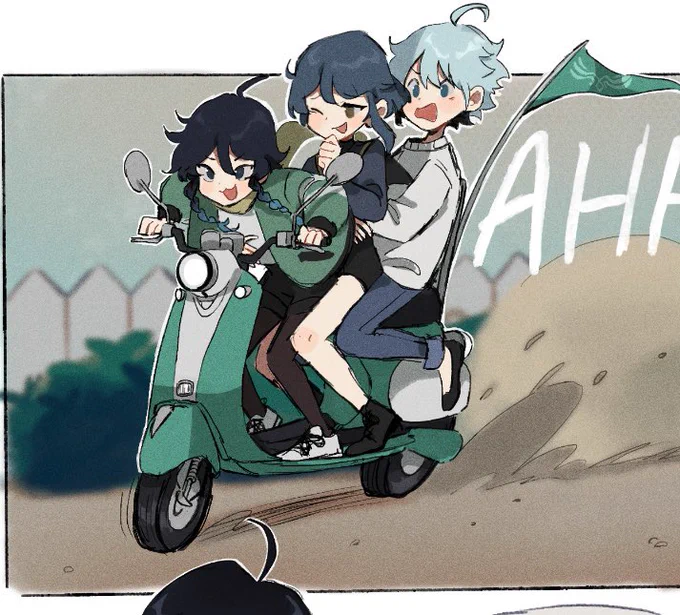 Highschool! au. Venti gets a vespa! #venti #Xingqiu #Chongyun 