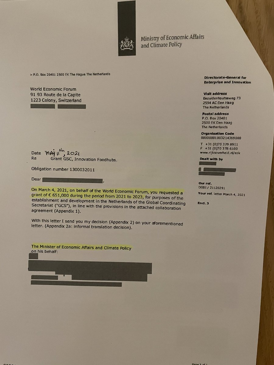 PvanHouwelingen's tweet photo. Het World Economic Forum krijgt van onze regering wat het wil. 12 maart van dit jaar vroeg het WEF bijvoorbeeld 651.000 euro voor een “Global Coordinating Secretariat” en een paar weken later werd dit toegezegd. Oh ja, de directeur hiervoor wordt geleverd door EZ.#GreatReset #WEF https://t.co/4w0O1btEoA