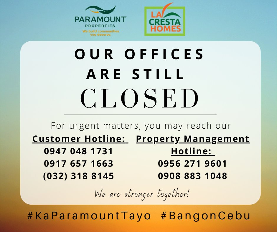 paramount_ph's tweet photo. We are with you during this trying time. We will rise above this, together.
#BangonCebu 
#StrongerTogether

For urgent matters, you may reach our 
Customer Service Hotline:
0947 048 1731
0917 657 1663
(032) 318 8145

Property Management Hotline:
0956 271 9601
0908 883 1048 https://t.co/ffhmtt0gx8