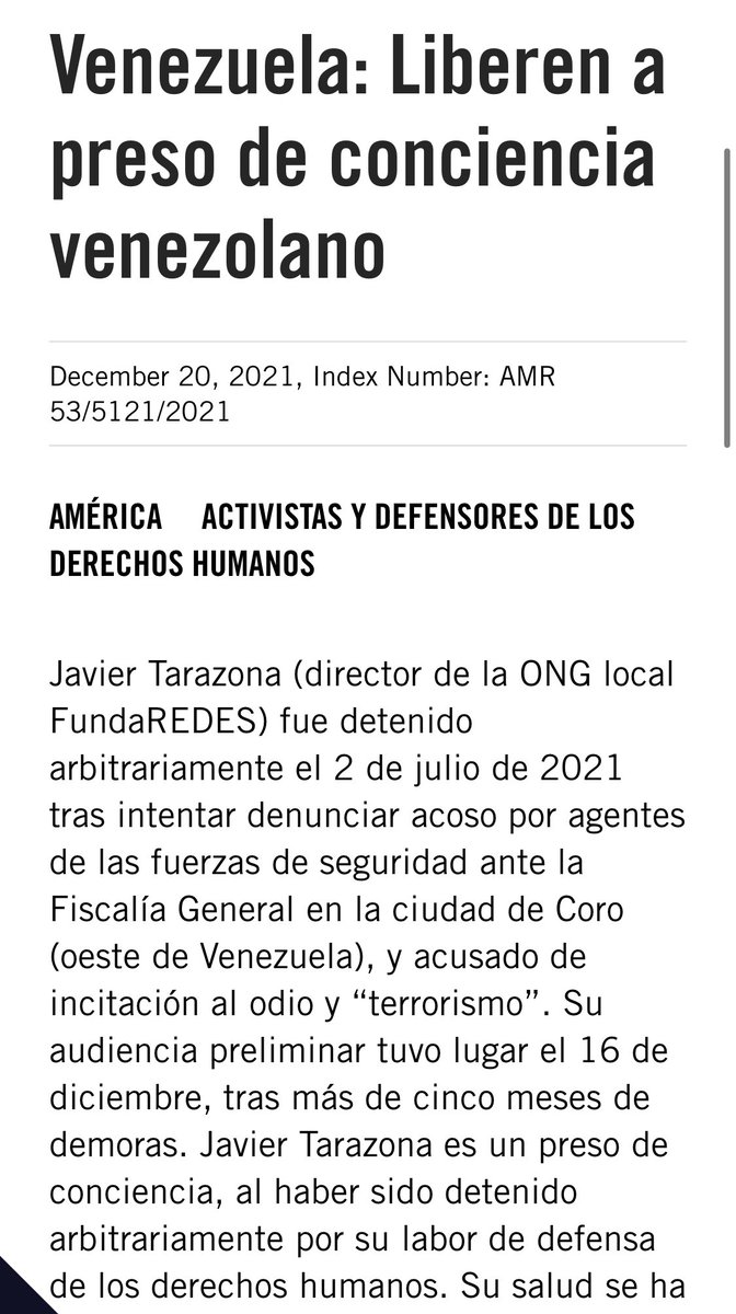 Acción Urgente por la libertad de preso de conciencia en Venezuela

Javier Tarazona es un preso de conciencia, al haber sido detenido arbitrariamente por su labor de defensa de ddhh. Su salud se ha deteriorado gravemente por falta de tratamiento médico

amnesty.org/es/documents/A…