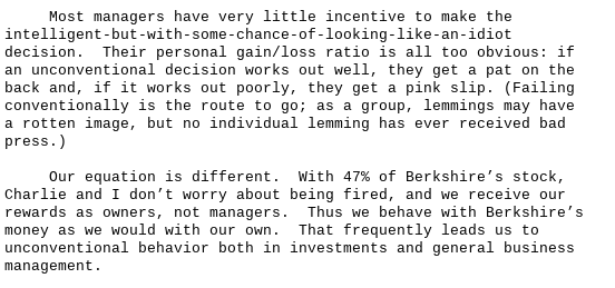 rorysutherland's tweet photo. Skin in the Game versus Reputation in the Game. (Also the JFK vs EWR effect).

From Berkshire Hathaway Chairman's Letter 1984.

HT Emre Yilmaz @nntaleb https://t.co/mqSxBULu7e