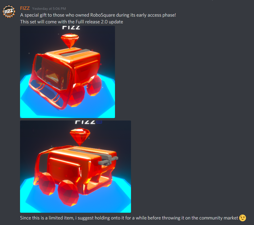 fizzostia's tweet photo. If you are not in the discord, you are missing out. Lots of updates and developer discussion!
https://t.co/4O2yQcJQo2

Make sure you checkout RoboSquare before it is fully released to get your hands on this limited amount, skin! https://t.co/WfaXdCDnHn