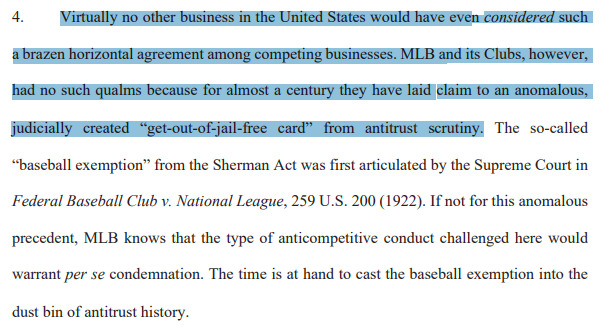 Milb_players's tweet image. Minor Leaguers make poverty wages because of baseball's antitrust exemption. In June, the Supreme Court expressed a willingness to reconsider that exemption. 

Today's lawsuit by four recently-contracted MiLB teams may be the case that one day ends the exemption. This is huge.