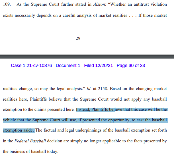 Milb_players's tweet image. Minor Leaguers make poverty wages because of baseball's antitrust exemption. In June, the Supreme Court expressed a willingness to reconsider that exemption. 

Today's lawsuit by four recently-contracted MiLB teams may be the case that one day ends the exemption. This is huge.