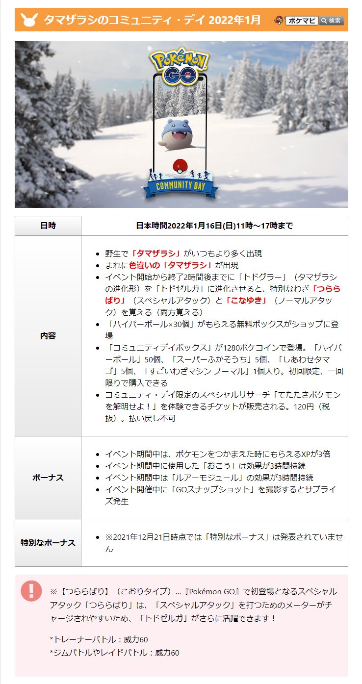 ポケモンgo攻略情報 ポケマピ No Twitter 22年1月のコミュデイは タマザラシ が大量発生 開催日時 22 1 16 日 11時 17時 特別な技 つららばり と こなゆき ボーナス ポケモン捕獲時xp3倍など 22年2月のコミュデイは22 2 12 土 開催 ポケモンgo攻略情報 ポケマピ No Twitter 22年1月のコミュデイは タマザラシ が大量発生 開催日時 22 1 16 日 11時 17時 特別な技 つららばり と こなゆき ボーナス ポケモン捕獲時xp3倍など 22年2月のコミュデイは22 2 12 土 開催