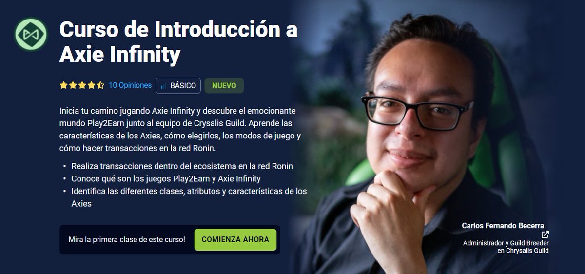 ChrysalisGuild's tweet photo. Recuerda que el curso de Introducción a #AxieInfinity ya esta disponible en @platzi 

Junto a @Raideos vas a poder conocer el mundo del #PlayToEarn y dominar las mecánicas de este #criptojuego

Que esperas para comenzar ⁉️
👉https://t.co/v2s2pNigXb https://t.co/WOQmLq8ZuY