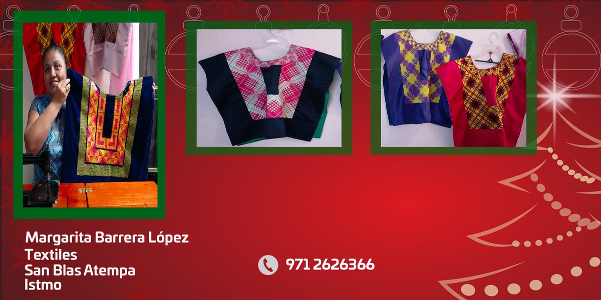 SEBIENTI_GobOax's tweet photo. Conoce a el y las maestras artesanas de textiles del Istmo de Tehuantepec y la Cañada.
#ConsumeLocal

📌 Margarita Barrera López
☎️9712626366
📌 Didier Zacarías Pineda
☎️9721079469
📌 Higinia Cuevas Pérez
☎️2361020080
🌐https://t.co/FAuMVf1S5k
@alejandromurat @RVasconcelosM https://t.co/UPARO39C6u