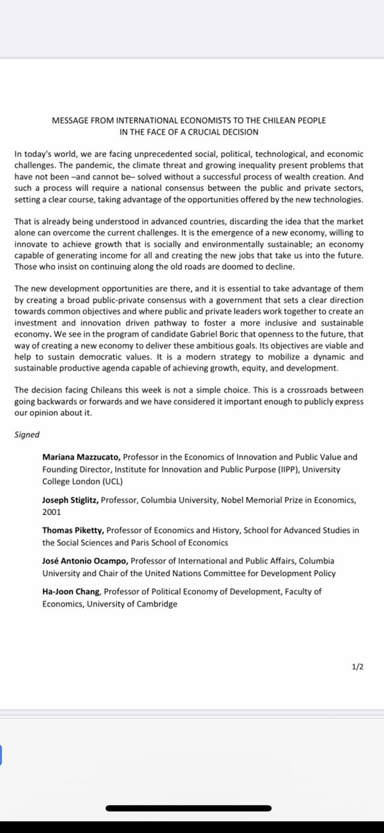 MazzucatoM's tweet photo. This is the letter we published last Thursday in support of @gabrielboric https://t.co/1fQACrDOPi