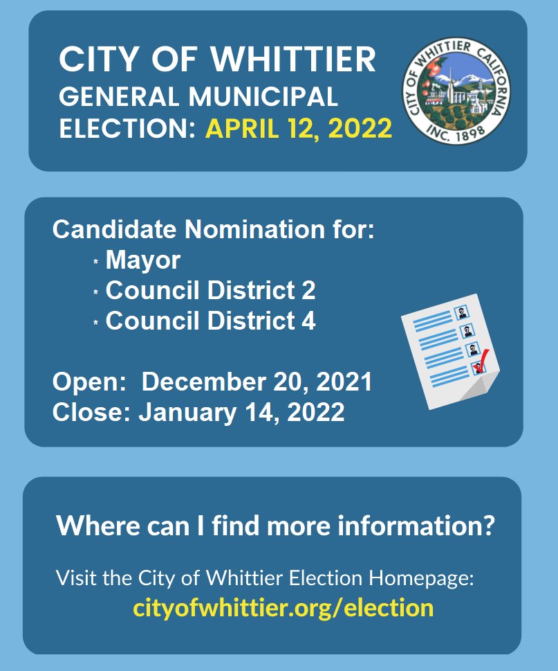 WHITTIER ELECTION UPDATE: Nominations are now being accepted for the offices of Mayor, Council District 2, and Council District 4! Deadline to submit is January 14, 2022. Visit cityofwhittier.org/election for more information 🗳️☑️ #intherunning #publicservice #cityofwhittier