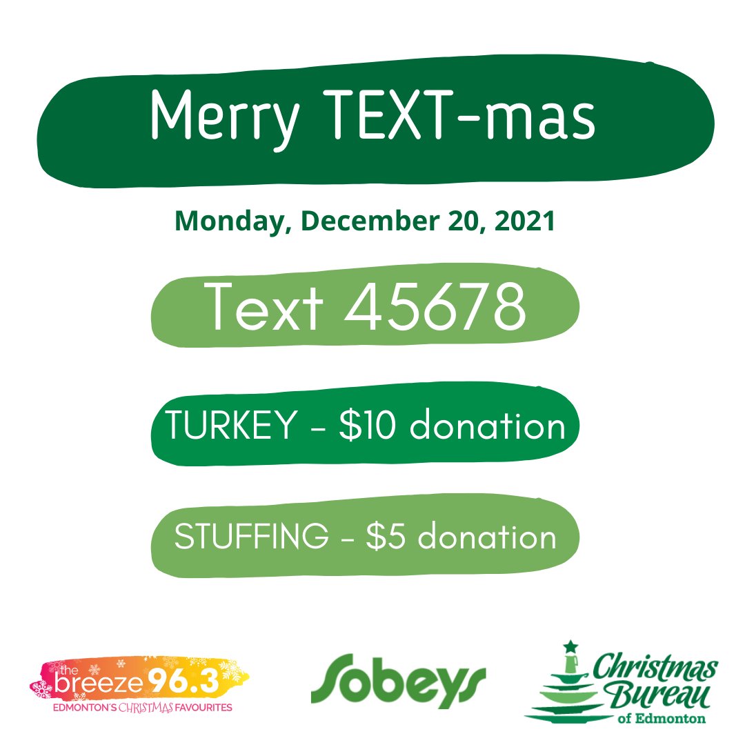 ChristmasBureau's tweet photo. Merry TEXT-mas!

Online donations are open for those that wish to donate more than the $10 or $5 for the Merry TEXT-mas matching.

Use this link to have your donation matched - https://t.co/yOO6NJtjT2

#Text2Donate #BringJoy #PassThePlateYEG https://t.co/IEu5Wxo65o
