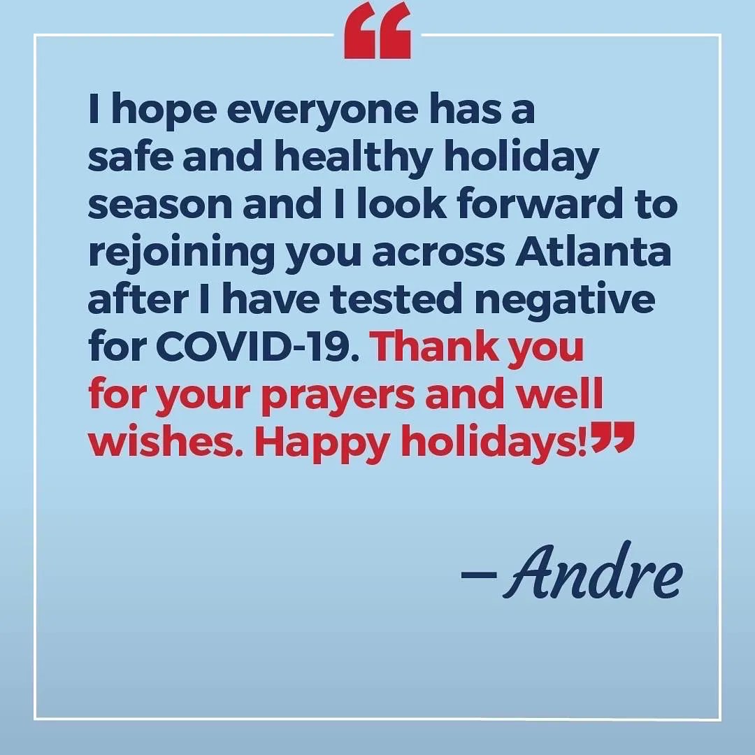 andreforatlanta's tweet photo. Today I tested positive for COVID-19 with a rapid test. I am feeling well and have mild symptoms. Please be smart about your holiday plans. Get tested. Wear masks. And get vaccinated. I’ll be back out in the city as soon as I can. Stay safe this holiday season! https://t.co/SClRYb3pBl