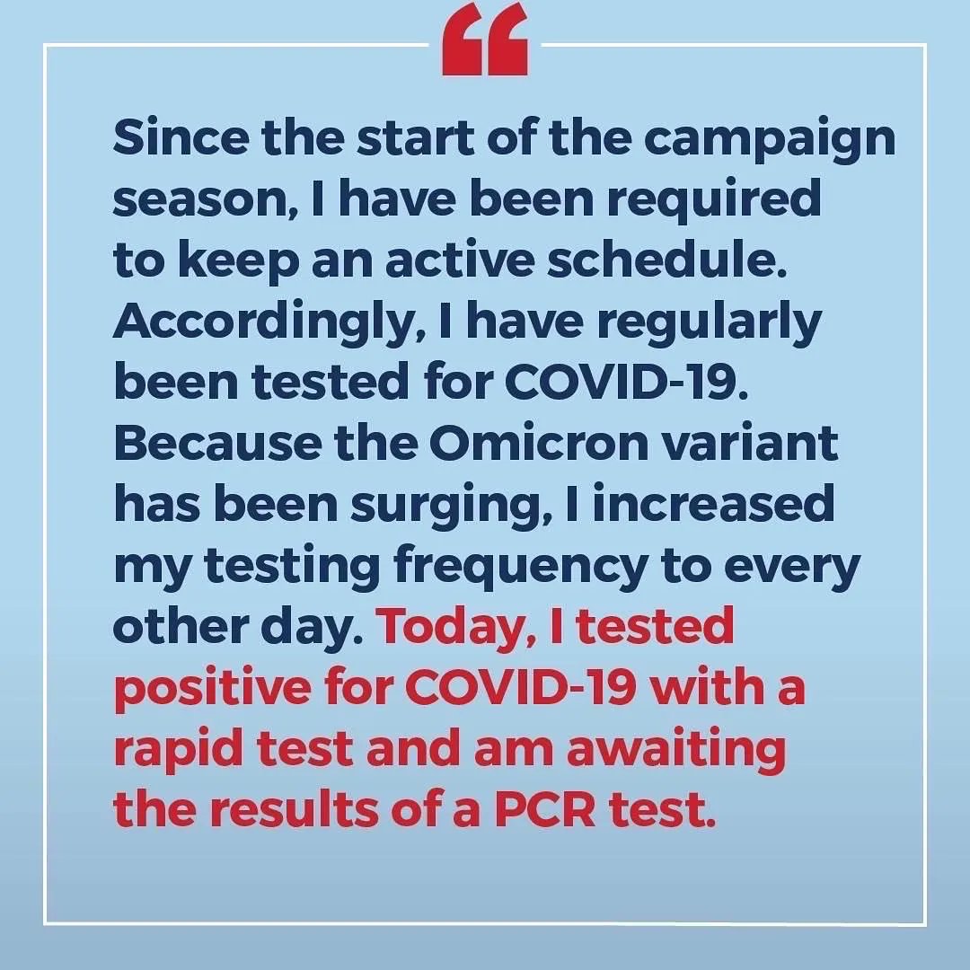 andreforatlanta's tweet photo. Today I tested positive for COVID-19 with a rapid test. I am feeling well and have mild symptoms. Please be smart about your holiday plans. Get tested. Wear masks. And get vaccinated. I’ll be back out in the city as soon as I can. Stay safe this holiday season! https://t.co/SClRYb3pBl