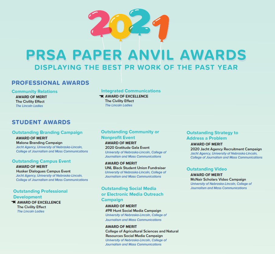 PRSA Nebraska (@prsanebraska) on Twitter photo Congrats to the wonderful <a href="/UNLincoln/">University of Nebraska-Lincoln</a> student groups, including The Lincoln Ladies (<a href="/civilityeffect/">The Civility Effect</a>), <a href="/JachtAgency/">Jacht</a>, <a href="/unlprssa/">UNL PRSSA</a> and <a href="/Unl_CoJMC/">UNL CoJMC</a>, on the award-winning entries in the #PRSANE #PaperAnvilAwards! (1/6) Congrats to the wonderful <a href="/UNLincoln/">University of Nebraska-Lincoln</a> student groups, including The Lincoln Ladies (<a href="/civilityeffect/">The Civility Effect</a>), <a href="/JachtAgency/">Jacht</a>, <a href="/unlprssa/">UNL PRSSA</a> and <a href="/Unl_CoJMC/">UNL CoJMC</a>, on the award-winning entries in the #PRSANE #PaperAnvilAwards! (1/6)