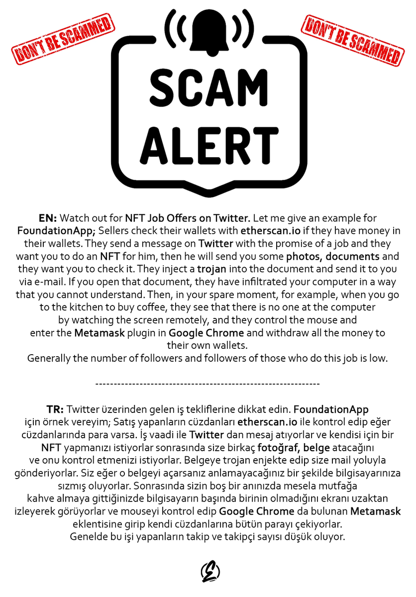 ensartNFT's tweet photo. ⚠️DONT BE SCAMMED ⚠️ 
(Beware of NFT Job Offers from private message)
#NFT #NFTCommunity #Foundation #foundationapp
#FoundationInvite #opensea #rarible #NFTcollection #NFTGiveaway https://t.co/DqLE3mnTq6