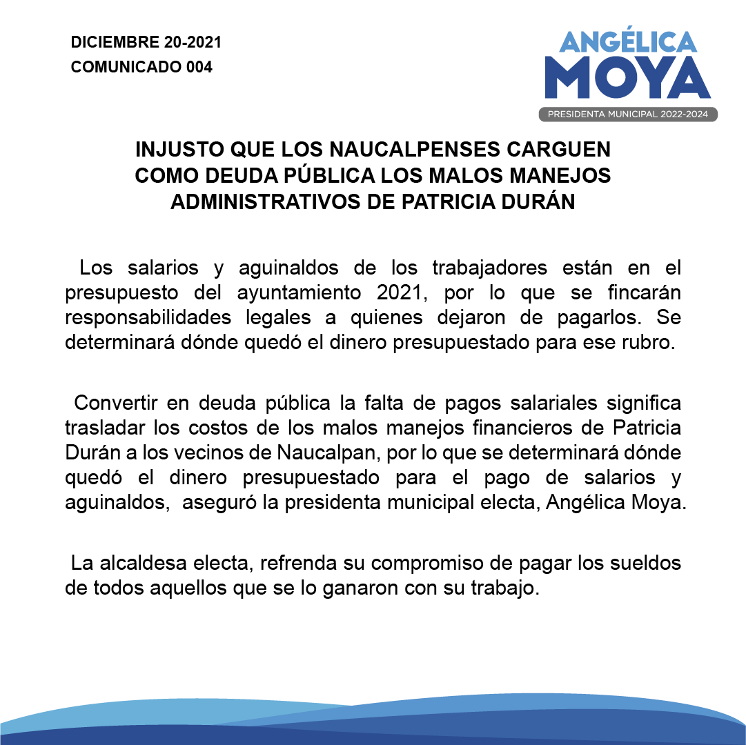 angiemoyam's tweet photo. Es injusto que los #naucalpenses carguen con la deuda pública de los malos manejos administrativos de Patricia Durán. 

Mi compromiso es pagar el sueldo de quienes se lo ganaron con su trabajo. 

#Naucalpan #LeyDelTrabajo https://t.co/sJWTpCpRSW
